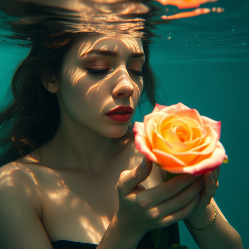 A woman underwater, gazing at a rose Her face is reflected in the water's surface The scene is illuminated by sunlight filtering through the water The atmosphere is serene and contemplative