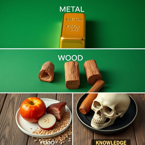 Create a high-resolution digital illustration of three distinct sections: the top section featuring a shiny gold bar labeled 'METAL', the middle section displaying three logs of wood on a green surface labeled 'WOOD', and the bottom section with a plate containing an apple, a piece of meat, and grain labeled 'FOOD', with a fourth section presenting a skull labeled 'KNOWLEDGE', shot with a Canon EOS R5 camera, 50mm f/1.2 lens, aperture set to f/2.8, at 1/125s shutter speed, in natural light with a soft focus background.