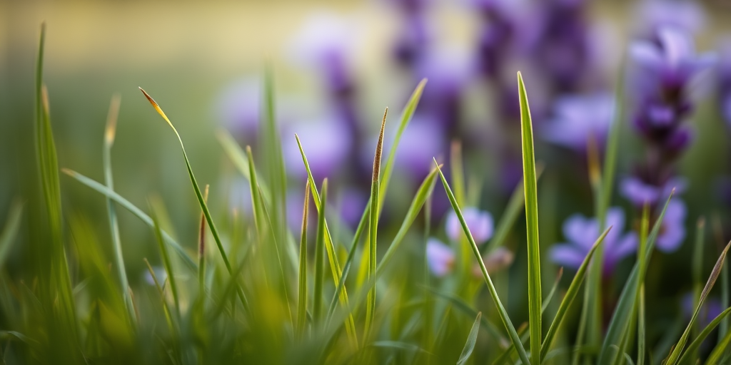 macro shot of soft grass with purple flowers in the background, f/2.8 aperture, 1/200s shutter speed, ISO 100, focus on foreground grass, shallow depth of field, natural light, DSLR camera