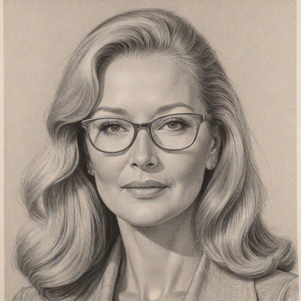 Ravishing Diane Ladd, pencil sketch, portrait of Pleasing woman 1967s in glasses, hair style beatnik, outline, clear lines, fine lines, 8k