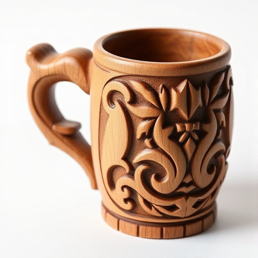 Create an image of an intricately carved wooden mug on a white background, using a DSLR camera with a 50mm lens, aperture set to f/2.8, shutter speed 1/125s, ISO 100, shot from a 45-degree angle to emphasize texture and natural light for enhanced detail.