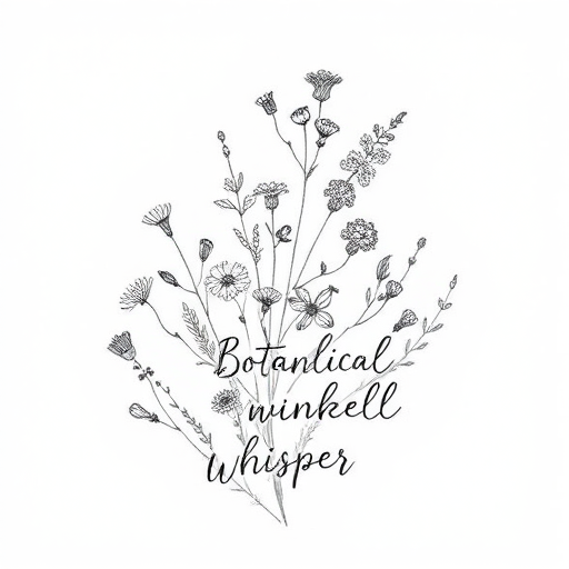 Delicate fine line "Botanical Whisper" tattoo illustration depicting a variety of wildflowers and herbs intertwined with delicate script creating a soft and romantic aesthetic suitable for wrists or ankles