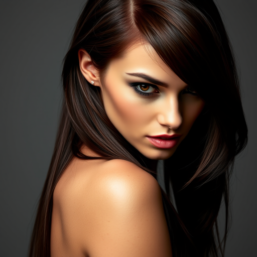 Sultry mahogany-haired seductress sporting a sleek, wet-look style with a deep side part and tucked-behind-ear finish