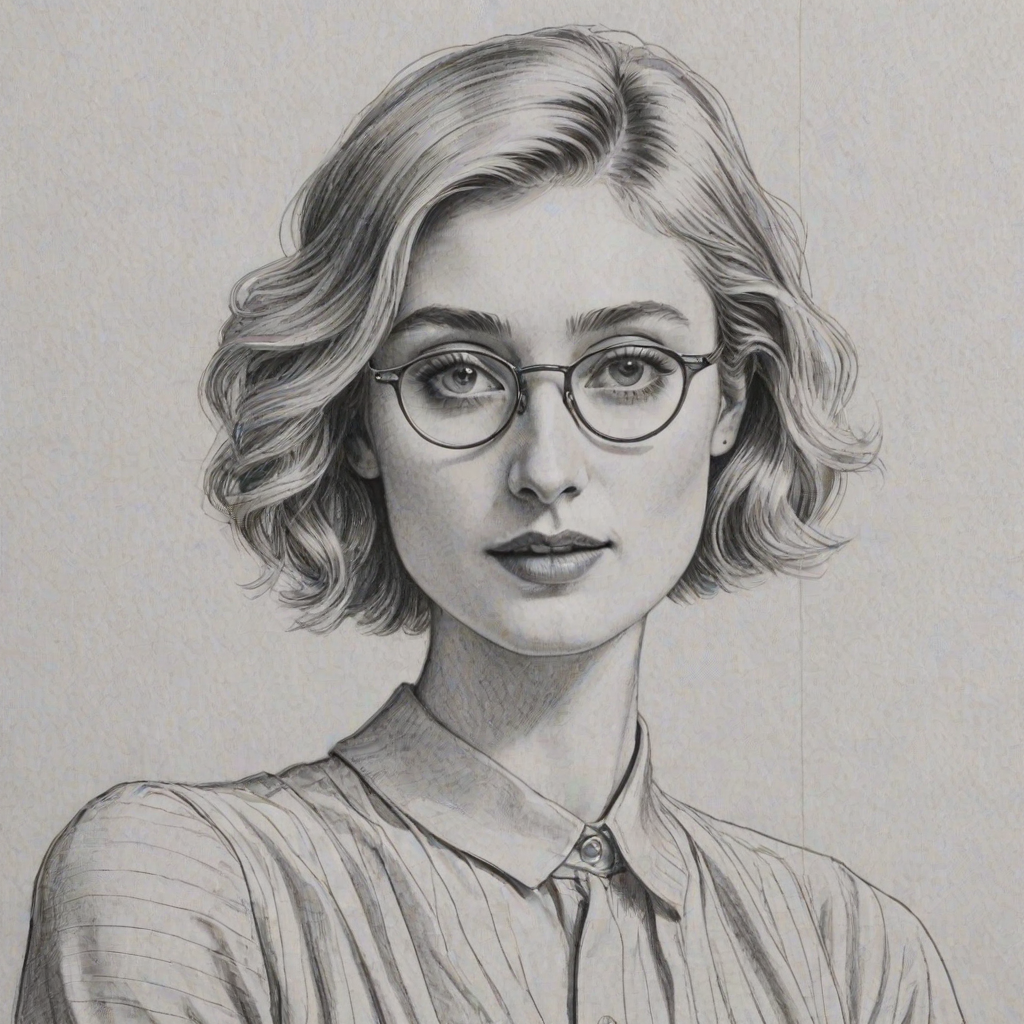 Ravishing Elizabeth Debicki, pencil sketch, portrait of Superb woman 1926s in glasses, hair style beatnik, outline, clear lines, fine lines, 8k