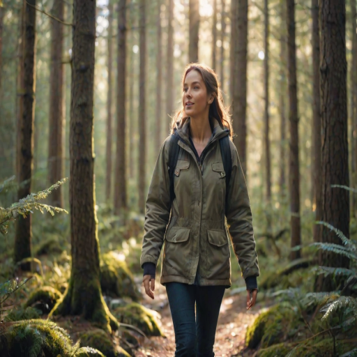 Soft-focus image of a woman hiking through a forest, wearing a cozy jacket and sturdy boots, with soft beams of light filtering through the trees creating a magical atmosphere.