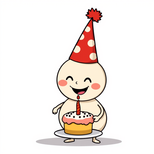 A cartoon character with a round body wearing a festive red party hat holding a cake with a candle on a plate smiling happily in a simple, colorful style.