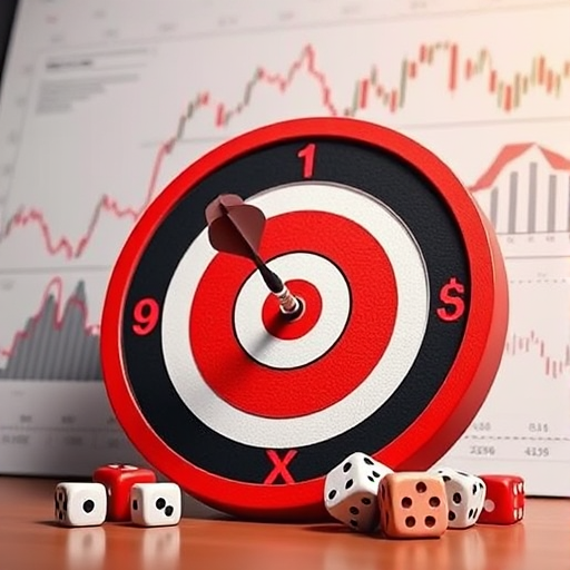 Create a vector illustration of a dart hitting a bullseye, surrounded by financial charts and dice, using a Canon EOS 5D Mark IV with a 50mm f/1.8 lens, shooting in natural light, high saturation color style, and a clean, modern background.