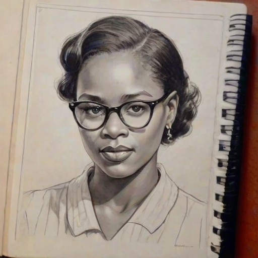 Lovely Zoe Mthiyane, pencil sketch, portrait of Splendid woman 1931s in glasses, hair style beatnik, outline, clear lines, fine lines, 8k