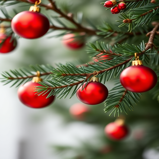 Generate a high-quality illustration of a pine branch adorned with red ornaments, using a Canon EOS 5D Mark IV camera, 50mm lens, f/2.8 aperture, ISO 100, natural light, focus on the branch with a soft bokeh effect in the background.