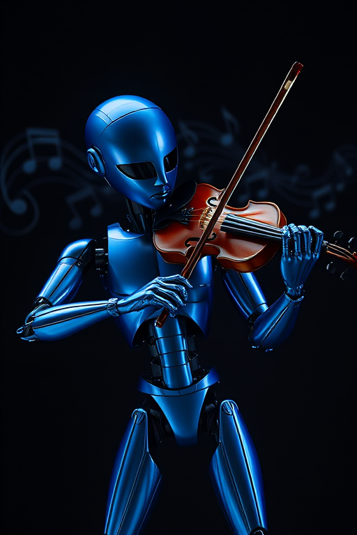 A blue metallic humanoid figure playing a violin in a dynamic pose, with a dark background filled with abstract sound waves, captured using a Canon EOS R5, 85mm lens, f/1.8 aperture, ISO 200, shot in low light with dramatic lighting for enhanced contrast and detail.