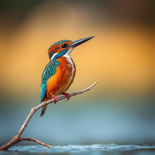 Capture a vivid close-up of a kingfisher perched on a branch near water, with a soft bokeh background, using a DSLR camera at f/2.8, ISO 100, shutter speed 1/500s, shot at eye level with a 85mm lens for enhanced detail and clarity.