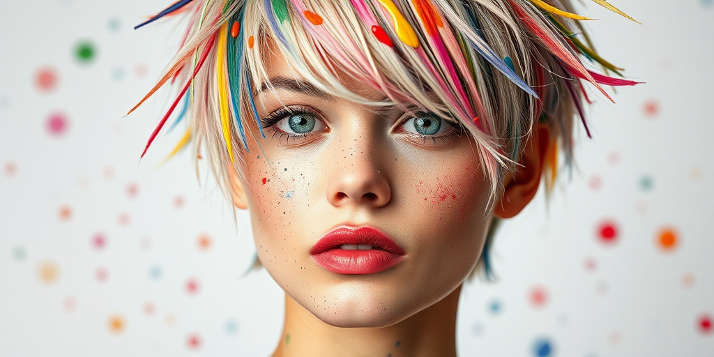 Bold portrait of an artist with Paint Splash locks, a white base with random splatters of various bright colors, cut into a short, textured crop