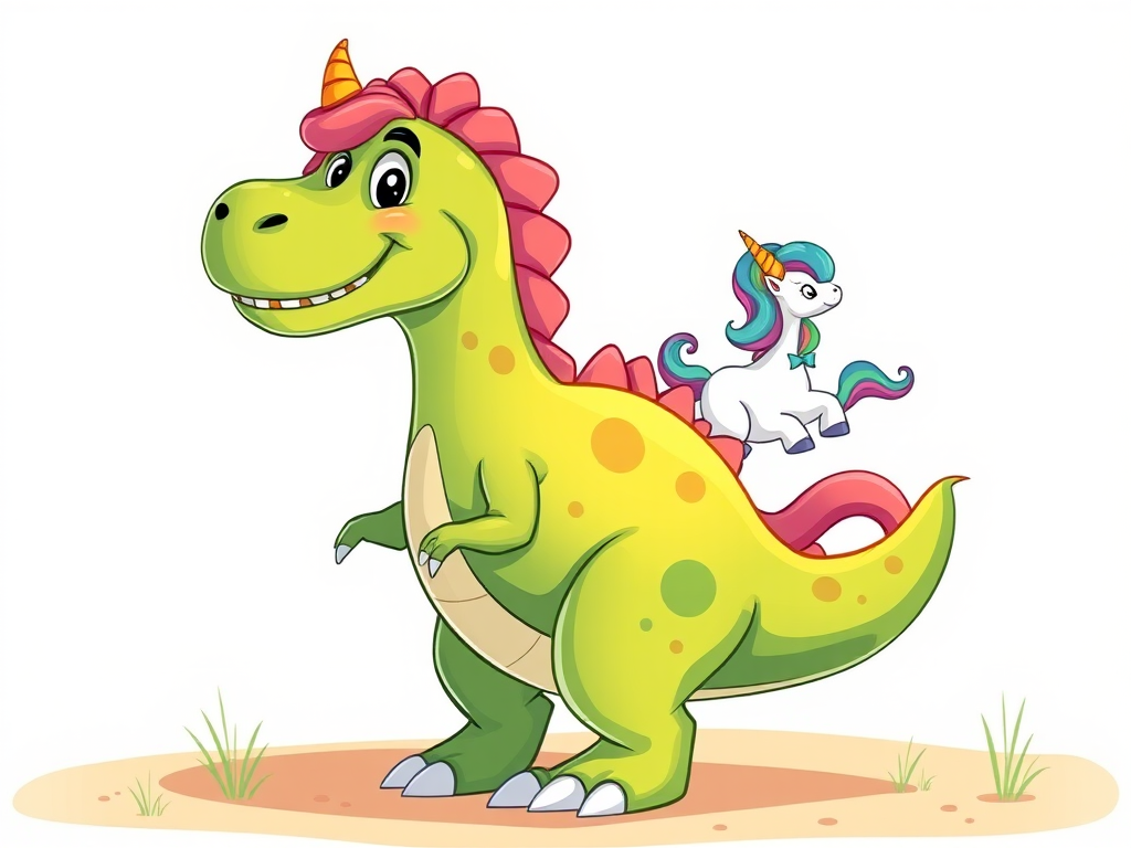 Create a vibrant illustration of a cartoon dinosaur standing upright with a playful expression, featuring a tiny unicorn with a multicolored mane sitting on its back, use a high-resolution setting of 300 DPI, with a focal length of 50mm, aperture set to f/4 for a shallow depth of field, captured in soft daylight through a digital DSLR camera.
