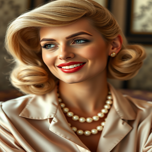 A beautiful Sephardic woman reminiscent of 1950s Hollywood glamour, with perfectly styled blonde hair and a seductive smile, dressed in a satin blouse and adorned with pearls, soft and warm tones, photorealistic, 8K