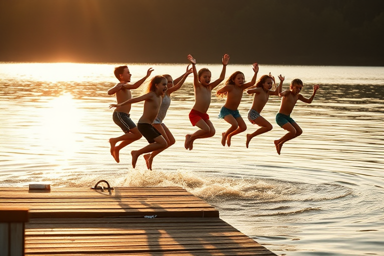 Warmly lit image of a group of children jumping into a lake from a wooden dock, soft golden light from the setting sun casting warm shadows, water splashing as they leap, and the sound of joyous screams.
