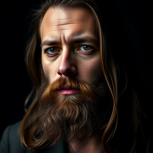 create a highly detailed portrait of a man with a beard and long hair, soft lighting, dark background, Canon EOS R5, 50mm lens, f/1.8, ISO 100, medium depth of field