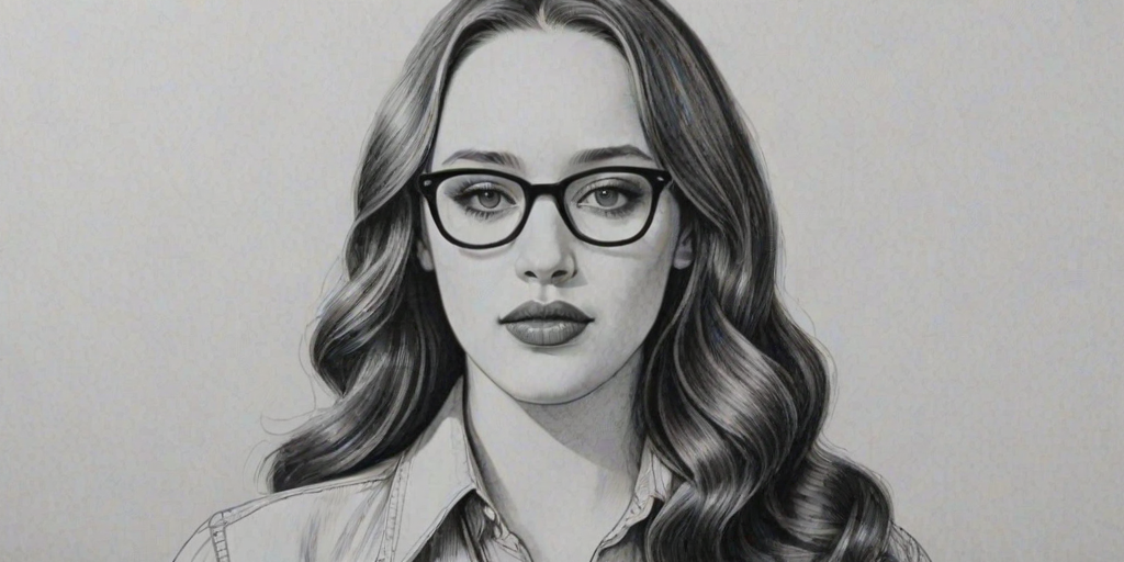 Attractive Kat Dennings, pencil sketch, portrait of Fascinating woman 1972s in glasses, hair style beatnik, outline, clear lines, fine lines, 8k