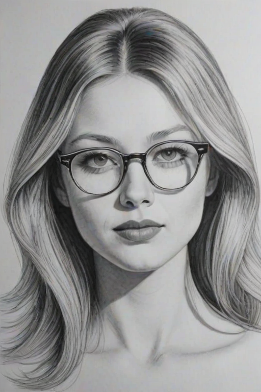 Wonderful Elisabeth Harnois, pencil sketch, portrait of Charming woman 1968s in glasses, hair style beatnik, outline, clear lines, fine lines, 8k