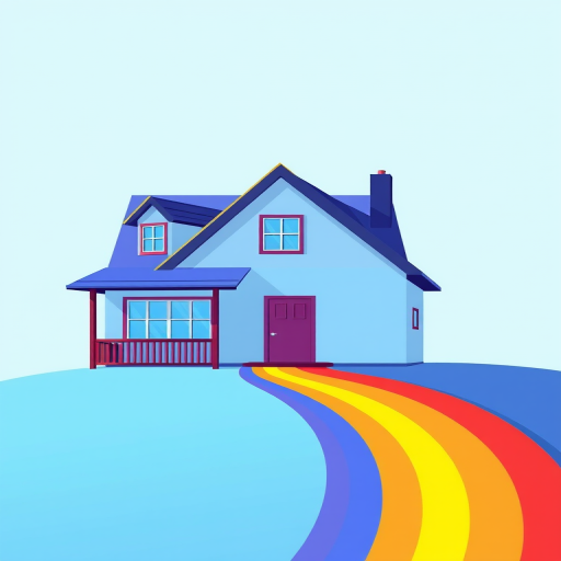 A colorful, stylized illustration of a house with a vibrant rainbow line beneath it, captured in high resolution with a Canon EOS R5, 50mm lens, f/1.8 aperture, natural light, shot from a slight low angle for depth.