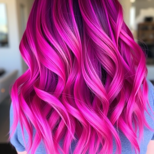 Vibrant magenta ombre hair cascading in loose waves, known as "Sunset Serenade," featuring subtle metallic highlights and a soft, feathered texture that catches the light beautifully