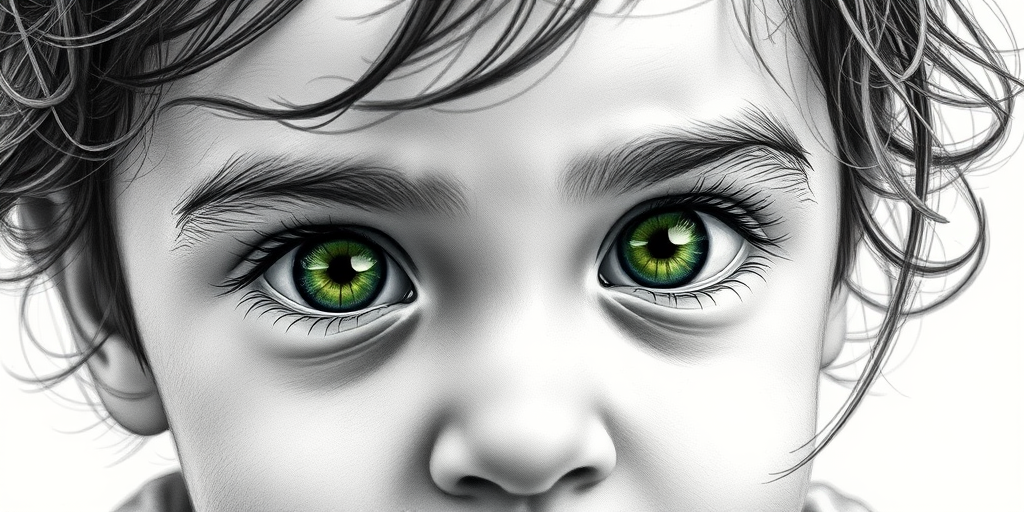 A hyperdetailed photorealistic black and white sketch of a beautiful toddler with deep green eyes, with a macro focus