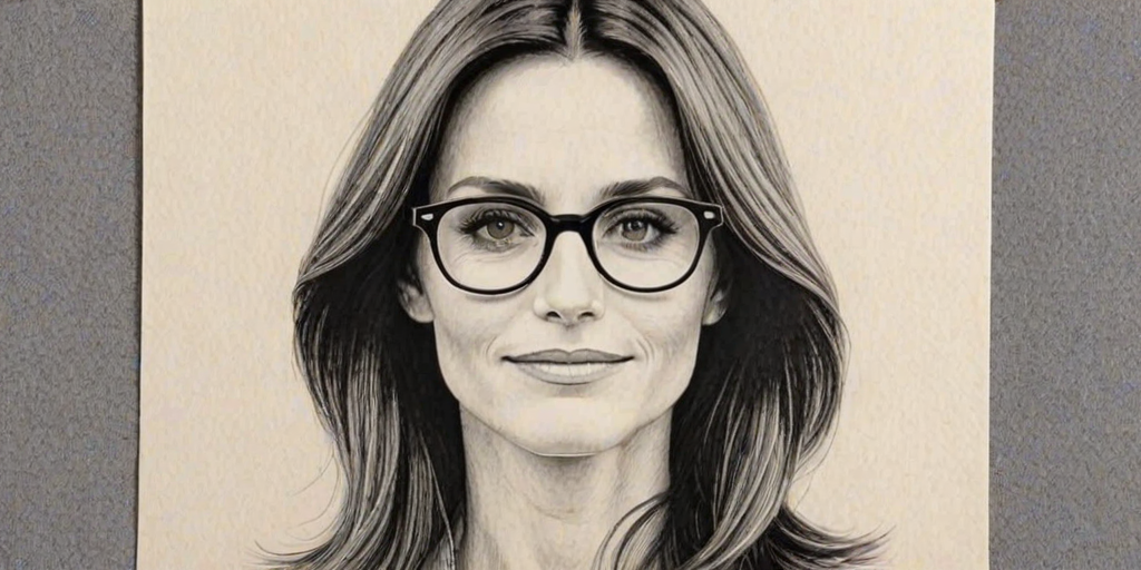 Comely Courtney Cox, pencil sketch, portrait of Delightful woman 1978s in glasses, hair style beatnik, outline, clear lines, fine lines, 8k