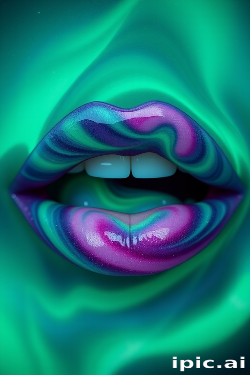 Mystical northern lights lips featuring swirling greens, purples, and blues with a subtle shimmer, capturing the ethereal beauty of the aurora borealis