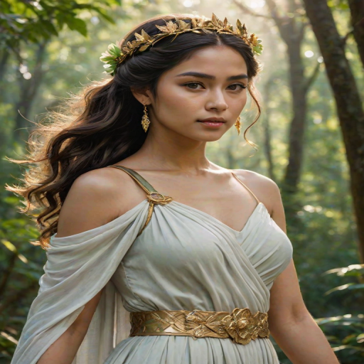 Create a portrait of a goddess-like Malay girl figure in a tranquil, forested environment. She has an elegant appearance with long, wavy hair styled in an updo and adorned with a delicate, floral headband. She wears a flowing, ancient Greek-inspired gown in a soft, pale color, featuring a one-shoulder design and draped fabric that accentuates her graceful form. The outfit includes a decorative belt with ornate gold detailing, and she holds a bow in her hand, with a quiver of arrows slung over her shoulder. The background depicts lush greenery, with sunlight filtering through the trees, casting a gentle, ethereal light on the scene. Her expression is calm and contemplative, embodying a sense of wisdom and serenity.