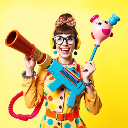 A playful woman holds a bazooka with a mischievous grin, her pose exaggerated and cartoonish. She’s dressed in a colorful, quirky outfit with oversized accessories, giving her a whimsical and fun appearance. The bazooka, although large, is designed in a cute, almost toy-like style, adding to the humorous and lighthearted vibe of the scene. The background is bright and cheerful, enhancing the overall playful atmosphere.
We share ALL our prompts in the Bing Image Prompts group: