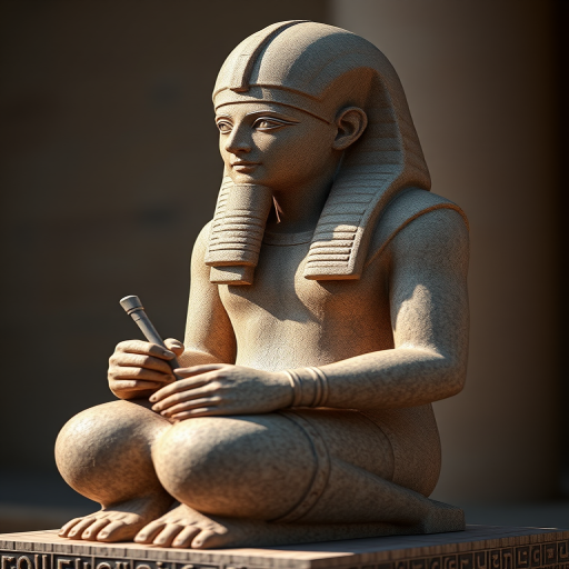 Create a hyper-realistic 3D rendering of an ancient Egyptian seated scribe statue, captured with a Canon EOS R5, 50mm f/1.2 lens, aperture f/8 for sharp depth of field, ISO 100, and natural soft lighting to enhance textures and colors.