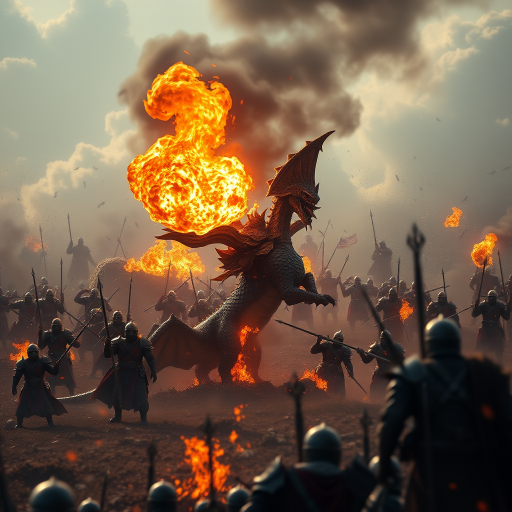 Generate a high-resolution fantasy scene of a warrior on a dragon breathing fire over a chaotic battlefield filled with armored soldiers, shot with a Canon EOS R5 at 24mm f/1.4, ISO 100, with dramatic lighting and a dynamic perspective.