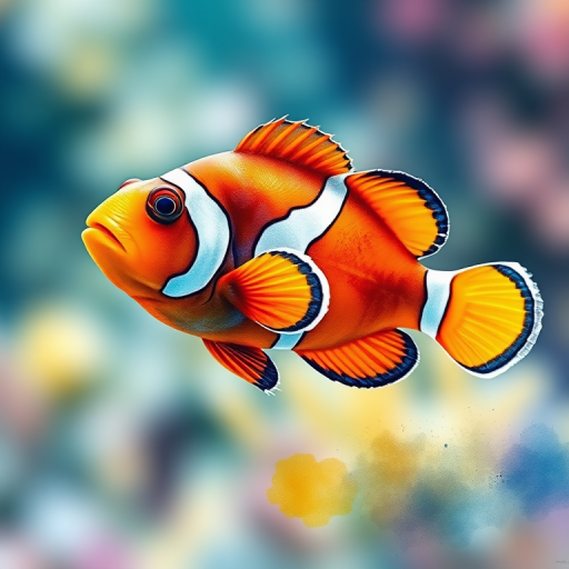 Create a vibrant watercolor illustration of a clownfish swimming, use a Canon EOS 5D Mark IV camera with a 50mm f/1.8 lens, set aperture to f/2.8 for soft background blur, shutter speed at 1/250s to freeze motion, and ISO set to 200 for optimal clarity, view from a slightly elevated angle to capture the fish in detail.