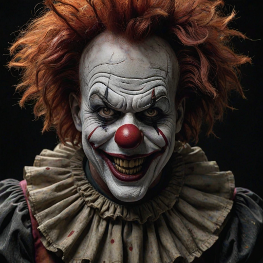 Create a hyper-realistic, dark, and eerie clown with a sinister smile, set against a black background. The clown should have exaggerated makeup with sharp, contrasting colors to enhance its menacing appearance. The overall atmosphere should be unsettling and intense, capturing a sense of horror and suspense