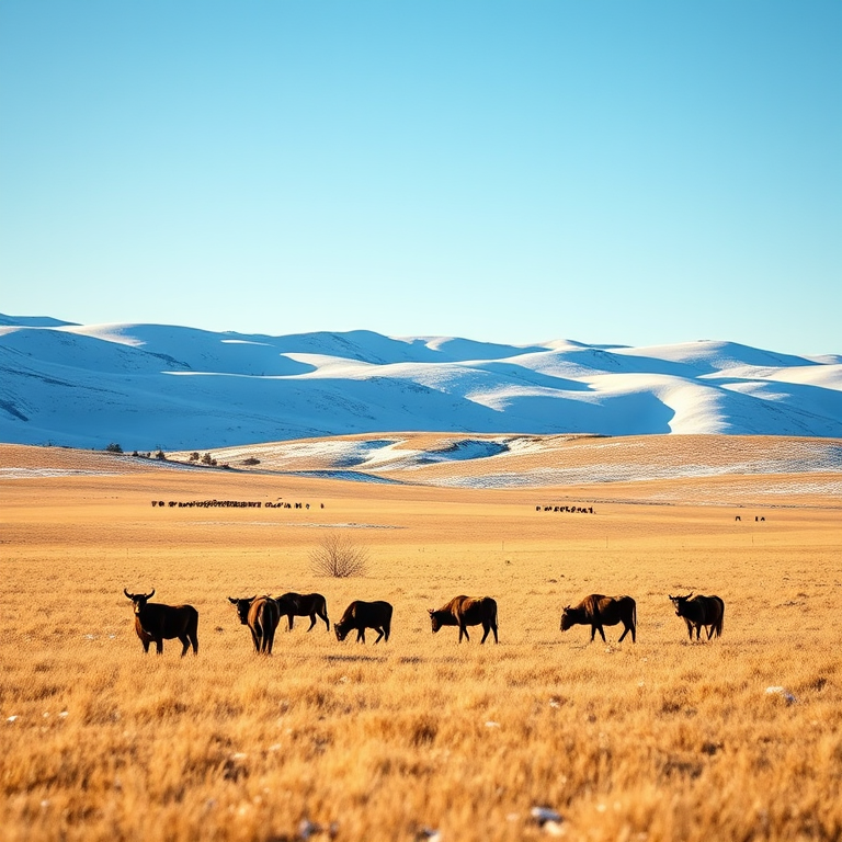 Capture a winter landscape with rolling snow-covered hills and a herd of grazing animals in a golden field under a clear blue sky, using a DSLR camera at f/8, ISO 100, shutter speed 1/250s, shot from a low angle for depth, with a wide-angle lens.