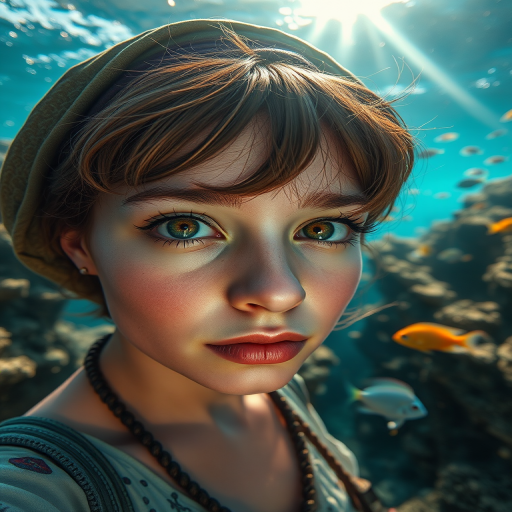 Realistic selfie image of a Chaldean, wearing a vintage outfit, detailed dreamy eyes, droopy hooded eyes, staring at the camera, taken underwater at coral reef with a sunbeam filtering through the water, vibrant, summer vacation, natural lighting, turtle and school of tropical fish with vibrant colors, rendered in the style of CryEngine, Pegi Nicol MacLeod, with realistic genre scenes, hauntingly beautiful narratives, ultra-realism, and Thomas Saliot's close-up technique, 8K resolution, crystal clear and sparkling water.