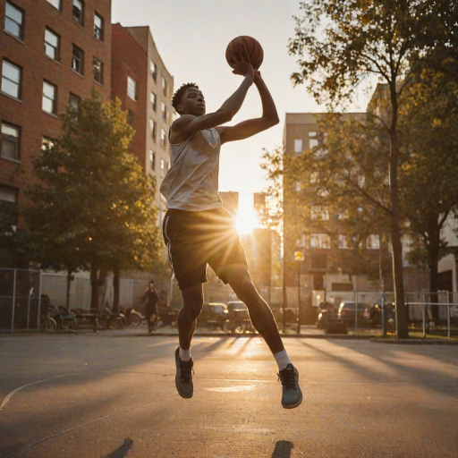 Blurry action shot of a basketball player mid-jump shot in a city playground, with soft golden light from a setting sun casting long shadows on the pavement and nearby buildings.
