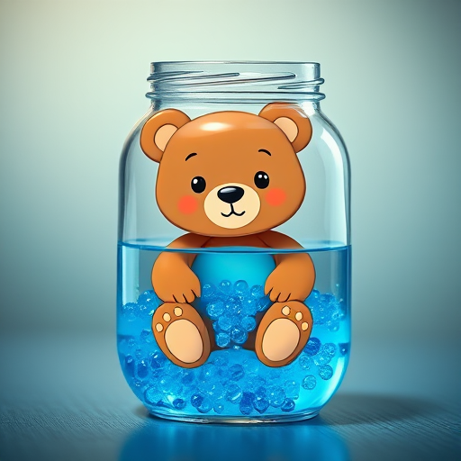 A cute cartoon bear sitting in a jar filled with blue water beads, with a soft gradient background, 35mm lens, f/2.8 aperture, ISO 100, studio lighting, high-resolution digital camera.