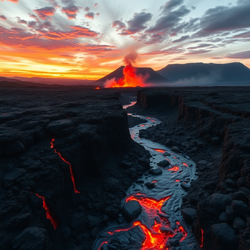Volcanic eruption landscape at sunset with flowing lava river, shot with a Canon EOS R5, 24mm lens, f/8, ISO 200, 1/250 sec, using a wide-angle perspective and high dynamic range for enhanced detail and color vibrancy.