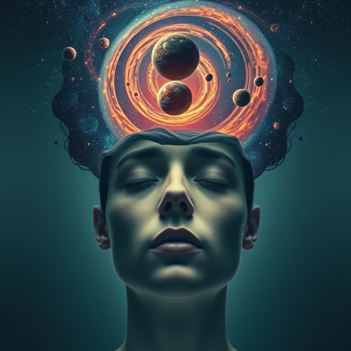 Create a surreal image of a face with a cosmic scene emerging from the top, featuring swirling galaxies and planets, captured with a Canon EOS R5 camera, using an aperture of f/1.8, shutter speed of 1/60s, ISO 100, with a wide-angle lens at 24mm for a dreamlike effect.