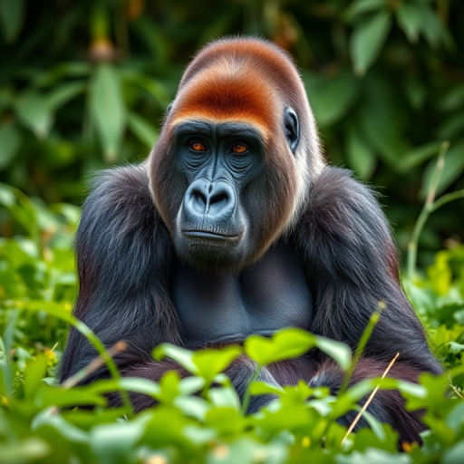 A close-up shot of a silverback gorilla sitting calmly in a lush green environment, using a DSLR camera with a 50mm lens, aperture set at f/2.8, ISO 200, shutter speed 1/250 sec, capturing vibrant colors and fine details in a natural light setting.