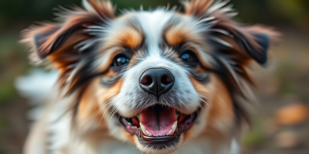 Regenerate a close-up portrait of a fluffy dog with a playful expression, outdoors in a natural setting, using a DSLR camera with a 50mm lens, aperture set to f/1.8 for a shallow depth of field, ISO 200 for optimal clarity, and soft natural lighting.
