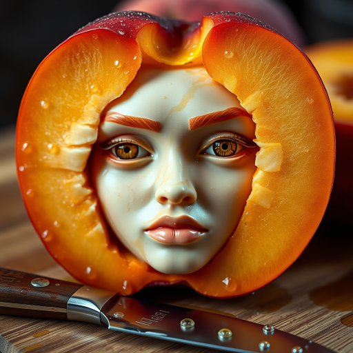 A hyperdetailed photorealistic macro color saturated high resolution image of a peach cut in half, with the peach pit being a highly detailed sculpted woman's face with her eyes open and peach-colored irises. The face has a marble texture. The image includes condensation, moisture, and peach juice. The peach is on a wooden cutting board with a small fruit knife nearby, also covered with juice.