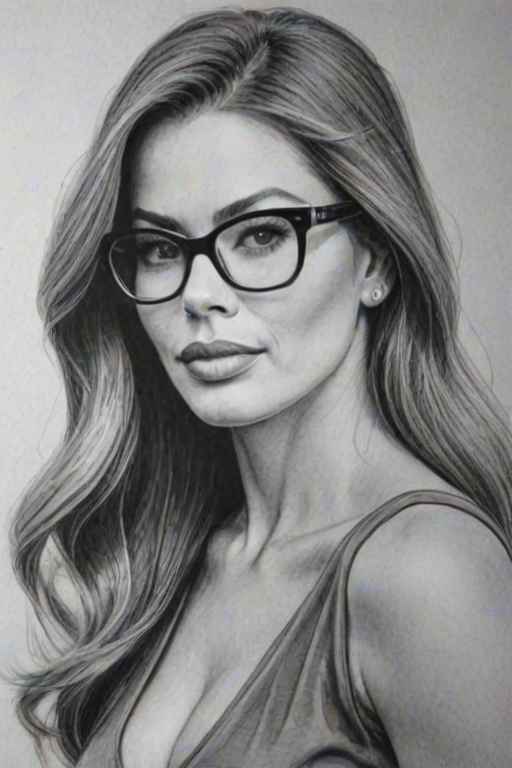 Captivating Sofia Vergara, pencil sketch, portrait of Resplendent woman 1966s in glasses, hair style beatnik, outline, clear lines, fine lines, 8k