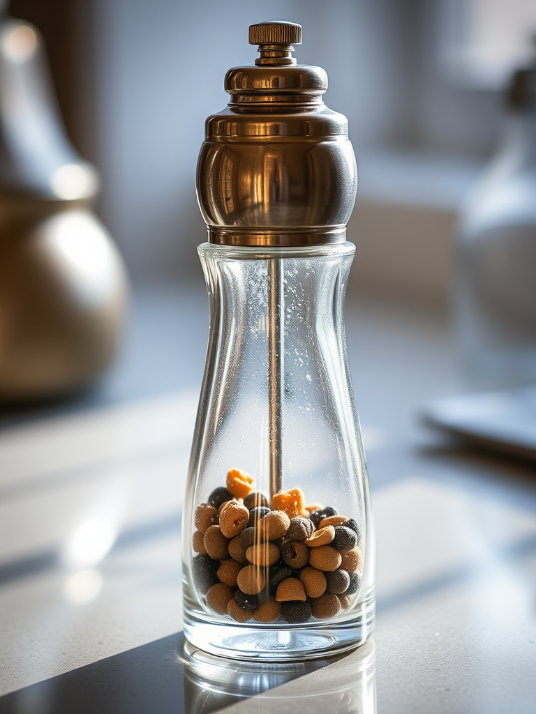 Create a high-resolution image of a glass pepper grinder with a silver top, focus on details and reflections, use a DSLR camera with a 50mm lens, f/2.8 aperture, 1/200 shutter speed, and natural light illumination from a window.