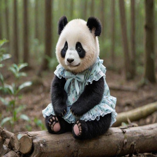 This high-resolution photograph captures a charming panda named Huahua, depicted with her distinctive black and white fur, sitting on a wooden log. Huahua is dressed in an adorable pastel-colored dress adorned with delicate frills and bows, adding a touch of whimsy to her natural charm. The dress is detailed with intricate patterns and soft textures, creating a lifelike contrast to her fluffy fur.