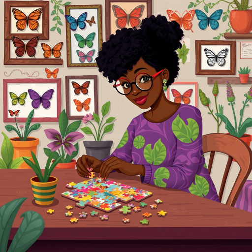 A vibrant and whimsical illustration of an african american woman sitting at a table working on a colorful jigsaw puzzle. she is wearing round glasses, and patterned clothing in shades of purple and green.  The background features an eclectic collection of framed butterflies, potted plants, and other natural elements, creating a warm and inviting atmosphere. The style is playful and modern, with rich textures, intricate details, and a lively color palette.