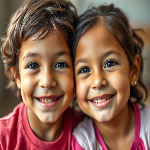 Close-up photo of a small boy and girl, with joyful expressions, showing gentle smiles, within a tight framing, set against a soft blurred background, illuminated by natural daylight, captured from a front angle, using a Canon EOS R5.