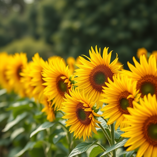 create a vibrant pattern of sunflowers in a colorful, repeating horizontal line, using a Canon EOS R5 camera with a 50mm f/1.2 lens, aperture set to f/2.8, ISO 100, and a soft natural light from the left to enhance color saturation and details