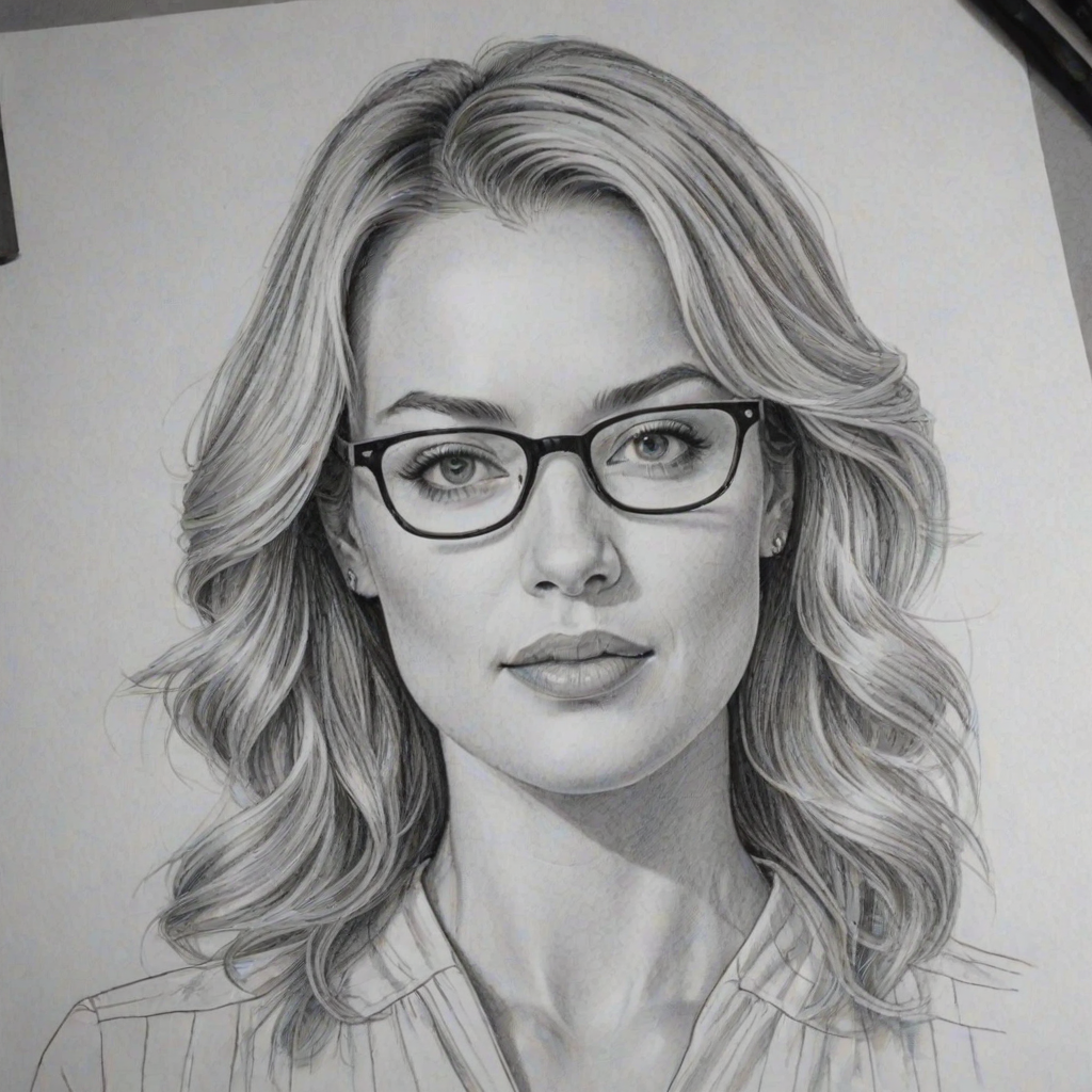 Ravishing Yvonne Strahovski, pencil sketch, portrait of Attractive woman 1977s in glasses, hair style beatnik, outline, clear lines, fine lines, 8k