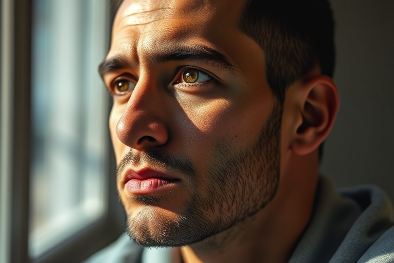 Create a high-resolution portrait of a contemplative man with soft lighting, using a shallow depth of field, captured with a Canon EOS R5 at 50mm f/1.8 aperture, ISO 100, and a natural light setting to enhance texture and detail.